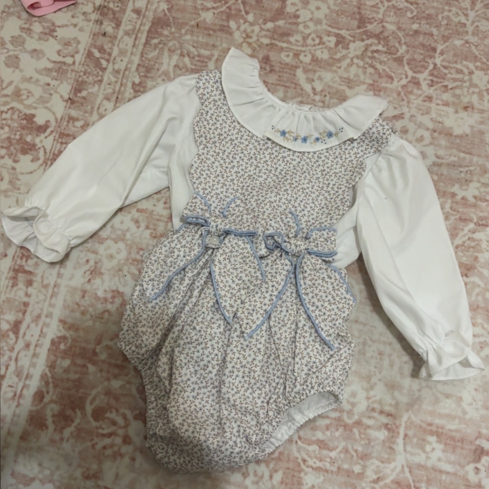 Girls Floral Blue Trim Romper Set - White & Blue